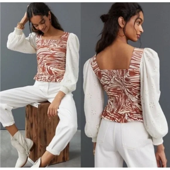 Anthropologie Love the Label Smocked Puff Sleeve Eyelet Blouse W2277 Sz M - Picture 2 of 11